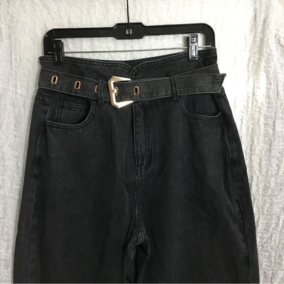 Cloud Ten NWT Black Denim Belted Wide Jeans Size Large - Picture 2 of 12